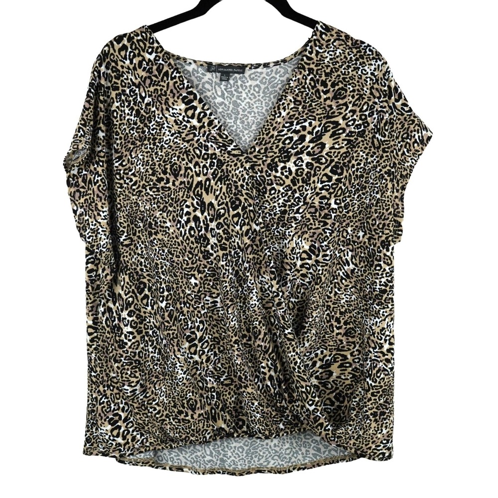 Adrianna Papell Womens Leopard Print V-Neck Blouse Size‎ L